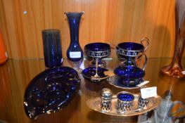 EPNS Serving Set with Blue Glass Liners, plus Vase