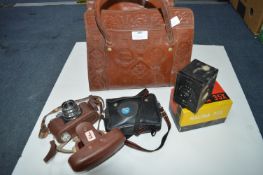 Leather Bag Containing Vintage Cameras Including K