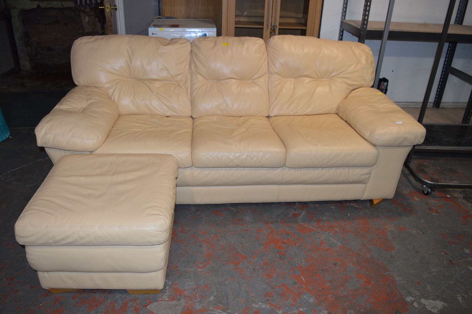 Cream Leather Three Seat Sofa plus Pouffe