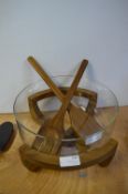 Salad Bowl with Wooden Stand and Utensils