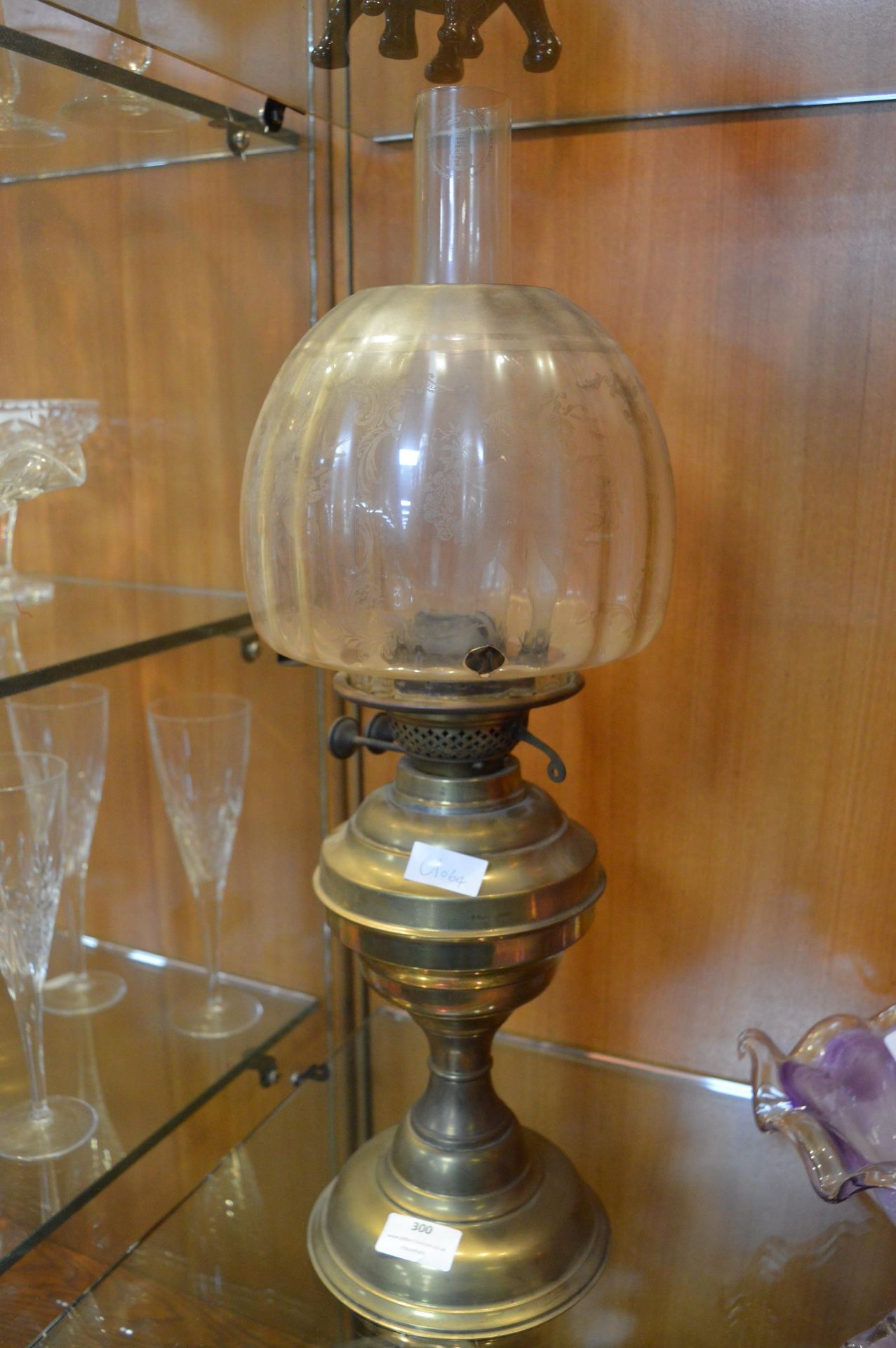 Brass Oil Lamp with Etched Glass Shade