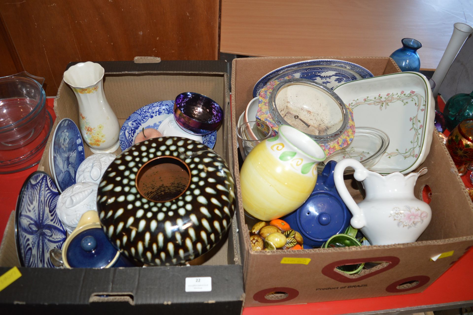 Two Boxes of Pottery Dishes, Bows, Vases, etc.