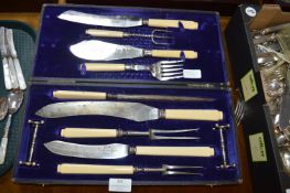 Vintage Cased Carving Set with Bone Handles and Si