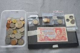 Assorted Foreign Coinage and Falkland Islands £5 B