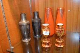Studio Glass Vases, Candlestick, and Two EPNS Vase