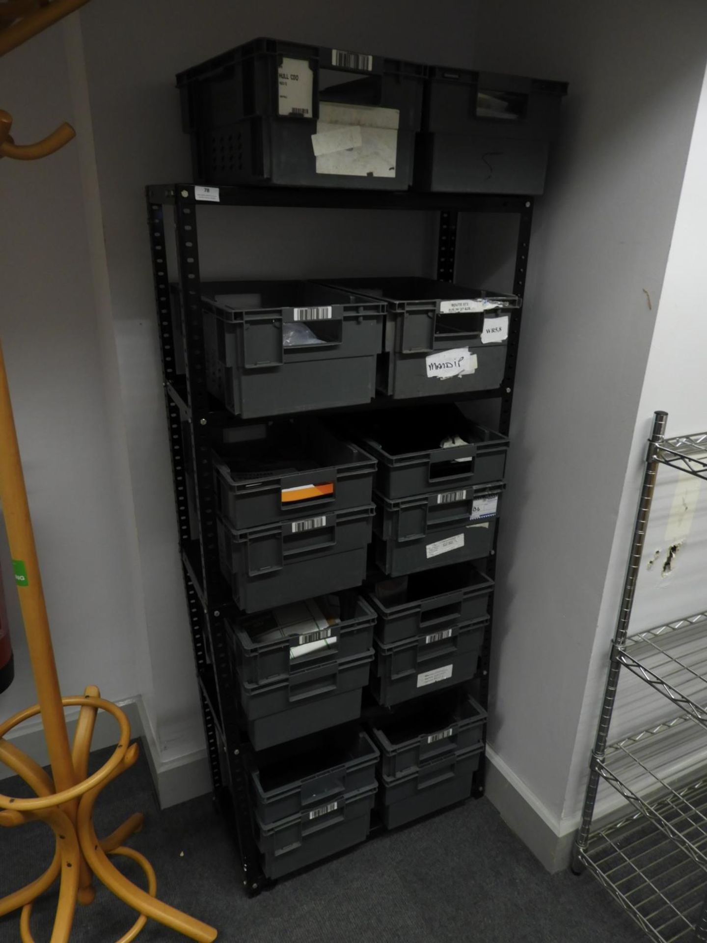 *Adjustable Black Shelving and Assorted Storage Boxes