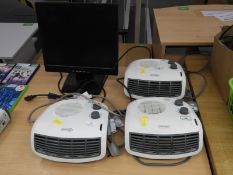 Three Delonghi Heaters and a Flatscreen Monitor