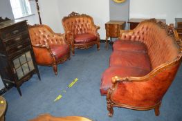Chesterfield Leather Three Piece Suite with Carved