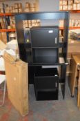 Two Large Black Shelving Units plus Two Small Cupboards and One Flatpack Unit