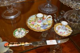 Royal Crown Derby Cake Knife plus Two Dresden and One English Decorative Floral Candlesticks