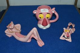 Three Pink Panther Pottery Figures