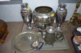 Plated Urns and Pewter Tea Set etc.