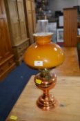 Oil Lamp with Copper Base and Mustard Glass Shade