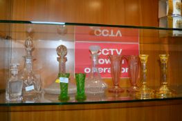 Cut Glass Decanter plus Coloured Glass Vases, Candlesticks, etc.