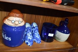 Tetley Tea Cookie Jar, Blue Glass Vases, Pottery Shoes, etc.