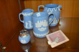 Five Wedgewood Jasperware Jugs, Tankards, etc.