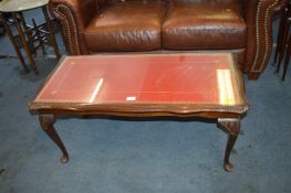 Glass Topped Red Leather Tooled Coffee Table