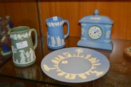 Four Wedgwood Jasperware Items; Clock, Jugs, etc.