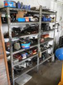 Two Bays of Dexion Shelving Containing Assorted Vehicle Spares, Hand Tools, etc.