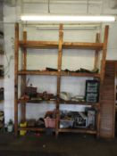 Two Bays of Timber Shelving Containing Assorted Vehicle Spares, Arc Welding Foot Pumps, etc.
