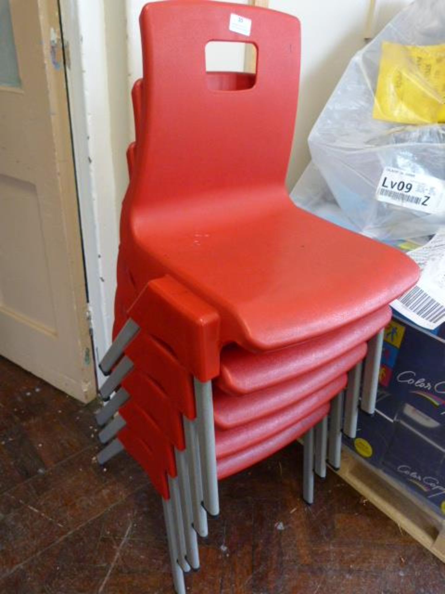 *Five Metal Framed Red Plastic Child's Stacking Chairs