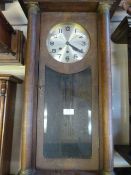 Vintage Oak Cased Wall Clock with Columns and Gilded Fittings