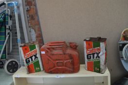 Metal Fuel Can and Two Castrol GTX Oil Cans