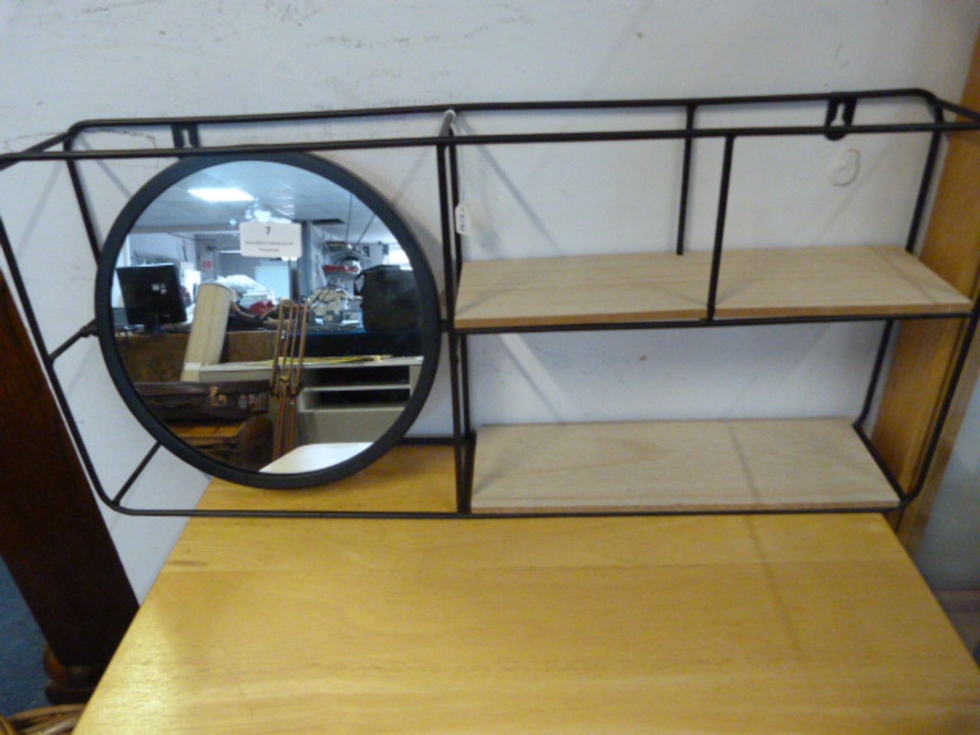 Wrought Iron & Wood Wall Shelf with Mirror