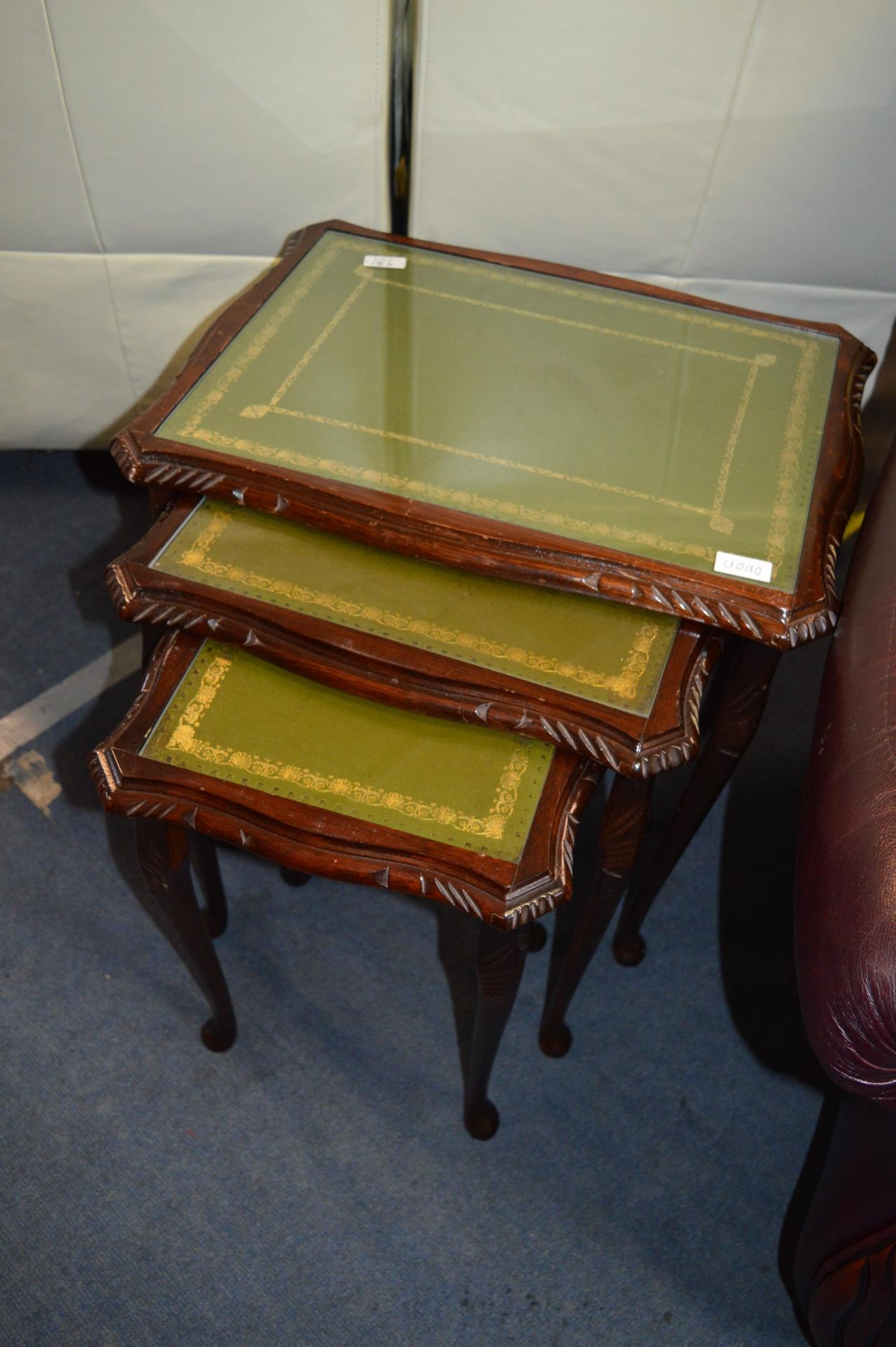 Nest of Three Tables with Green Leather Insert