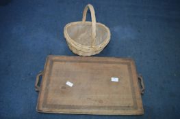 Large Wooden Tray and a Wicker Basket