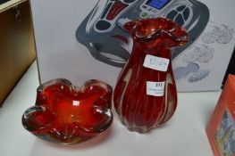 Murano Red Glass Vase and Bowl