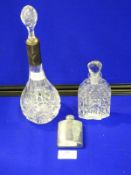 Two Cut Glass Decanters (one with silver lip) and a Continental Silver Flask