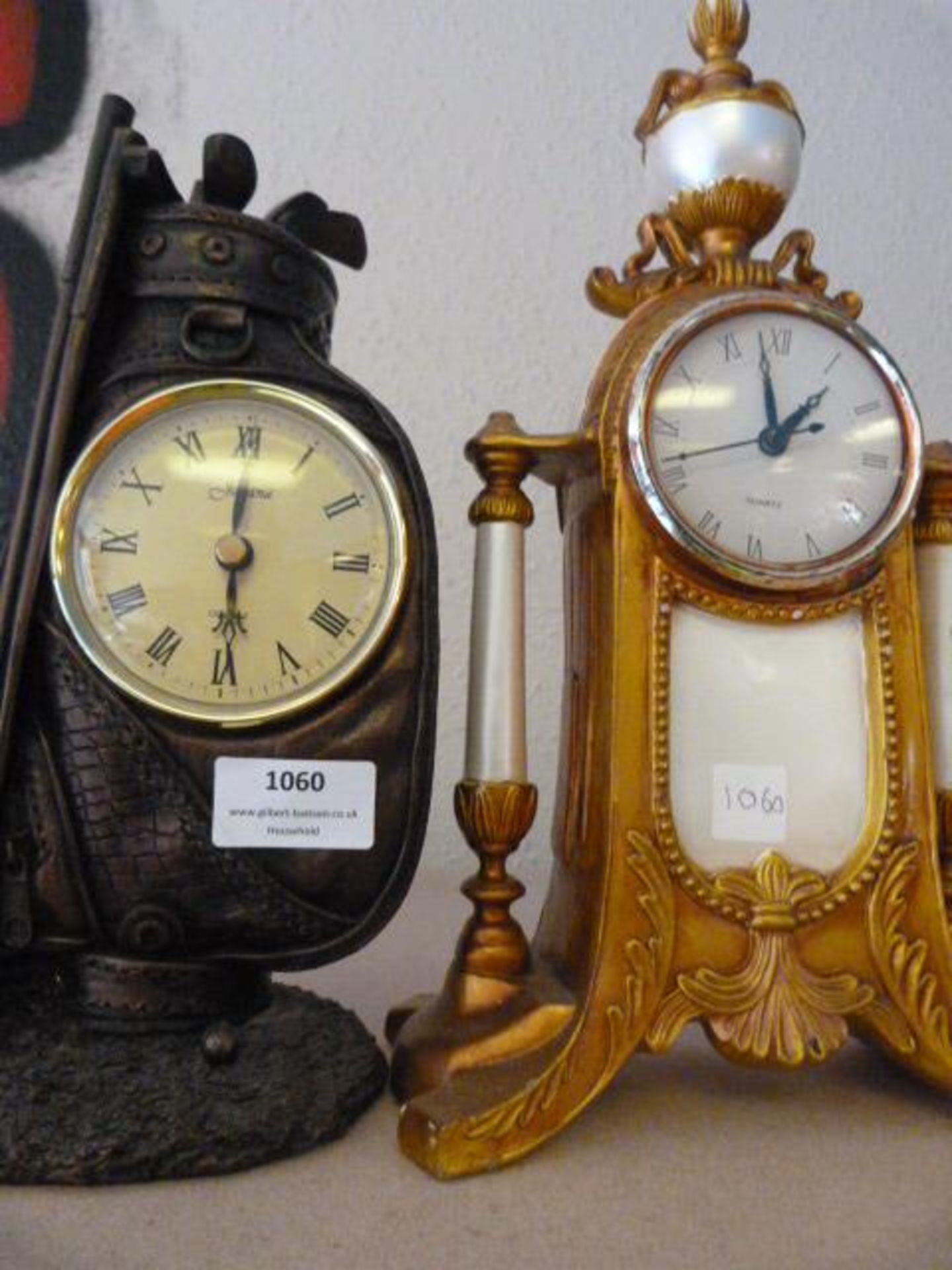 Novelty Golf Bag Clock and an Antique Effect Battery Operated Mantel Clock