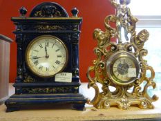 Blue Glazed Mantel Clock and a Ornamental Gilt Effect Mantel Clock