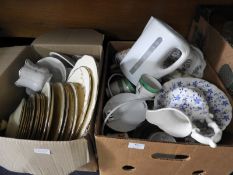 Two Boxes of Kitchen Items; Plates, Cups, Kettle,