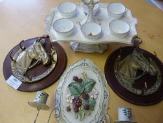 Porcelain Egg Cup Sets, Reproduction Tin Wall Hanging Candle Stick and Leather Horse Hangers