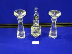 Pair of Cut Glass Candlesticks and a Glass Stamp (