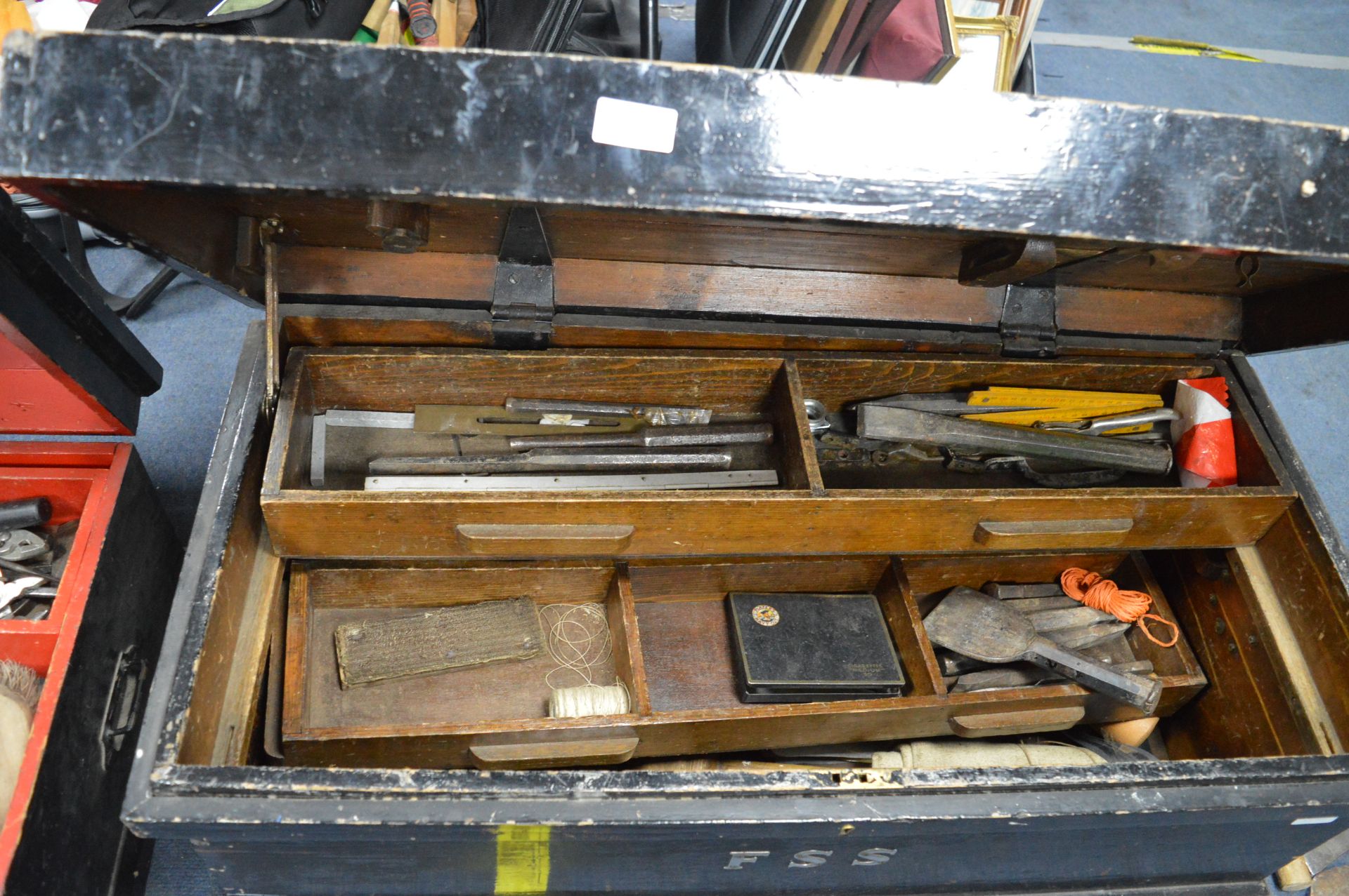 Large Vintage Toolbox Containing Hand Tools, Metal
