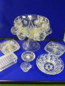 Large Glass Punch Bowl on Stand, plus Various Dish