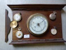 Vintage Barometer Decorated with Four Vintage & Repro Pocket Watches