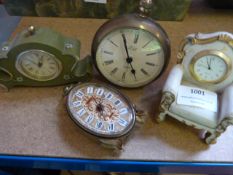 Three Miniature Ornamental Clocks and a Brass Pocket Watch Alarm Clock by Eble