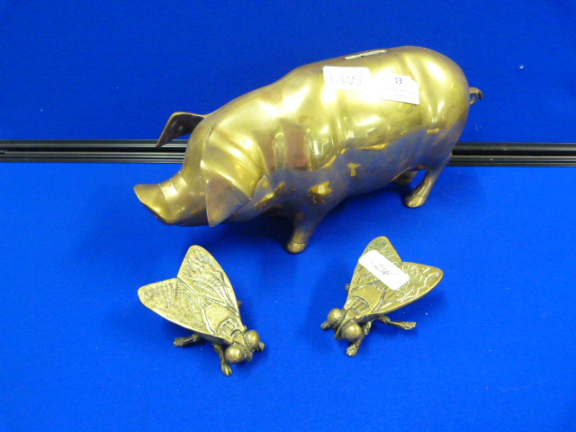 Brass Piggy Bank and Two Brass Flies