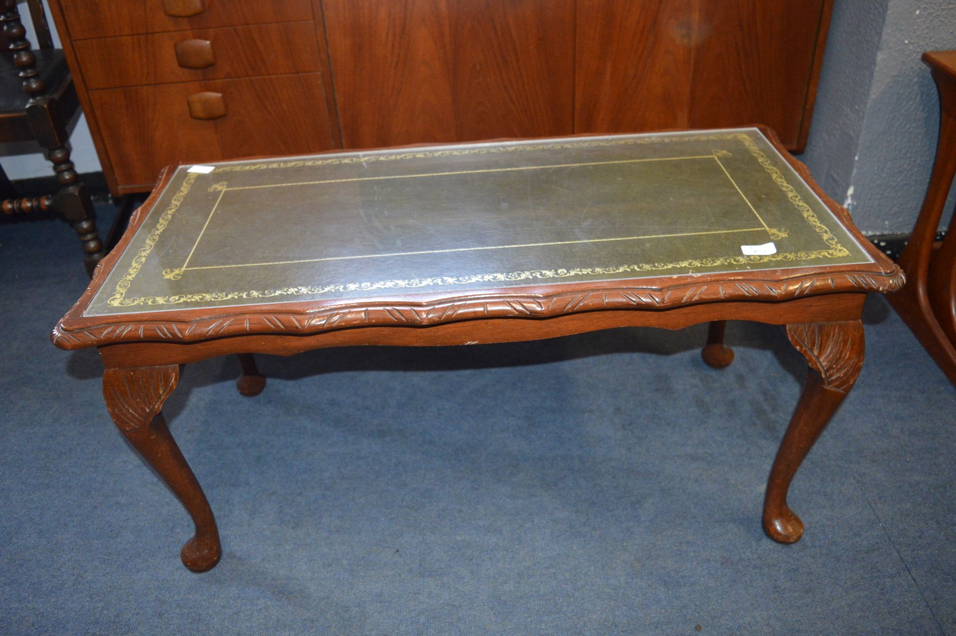 Glass Topped Coffee Table with Green Leather Inser