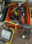 Box Containing Bosch Cordless Drill, Work Lamps, H