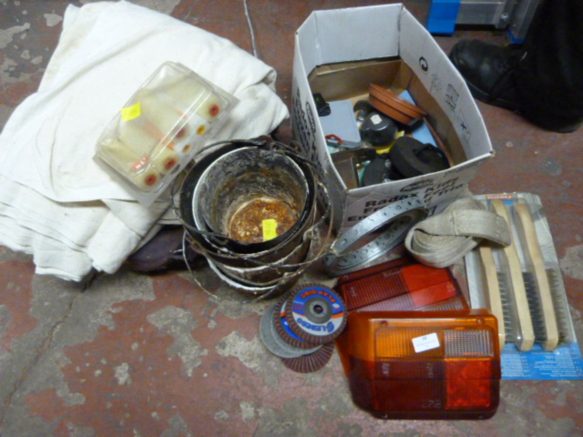 Mixed Lot Including Dust Sheets, Paint Pots, Tools