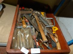 Box of Assorted Hand Tools; Hammers, Set Squares,