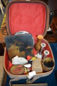 Vintage Vanity Case Containing Decorative Items, Lacquered Japanese Box, Candlesticks, etc.