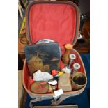 Vintage Vanity Case Containing Decorative Items, Lacquered Japanese Box, Candlesticks, etc.