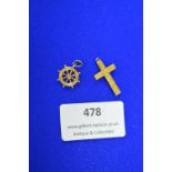 9k Gold Crucifix and Ships Wheel Charm ~1.3g total