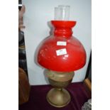 Brass Oil Lamp with Red Glass Shade